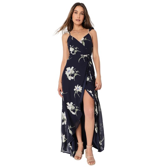 Lulus All Mine Navy Blue Floral Print High-Low Wrap Dress Size XS - Picture 1 of 13